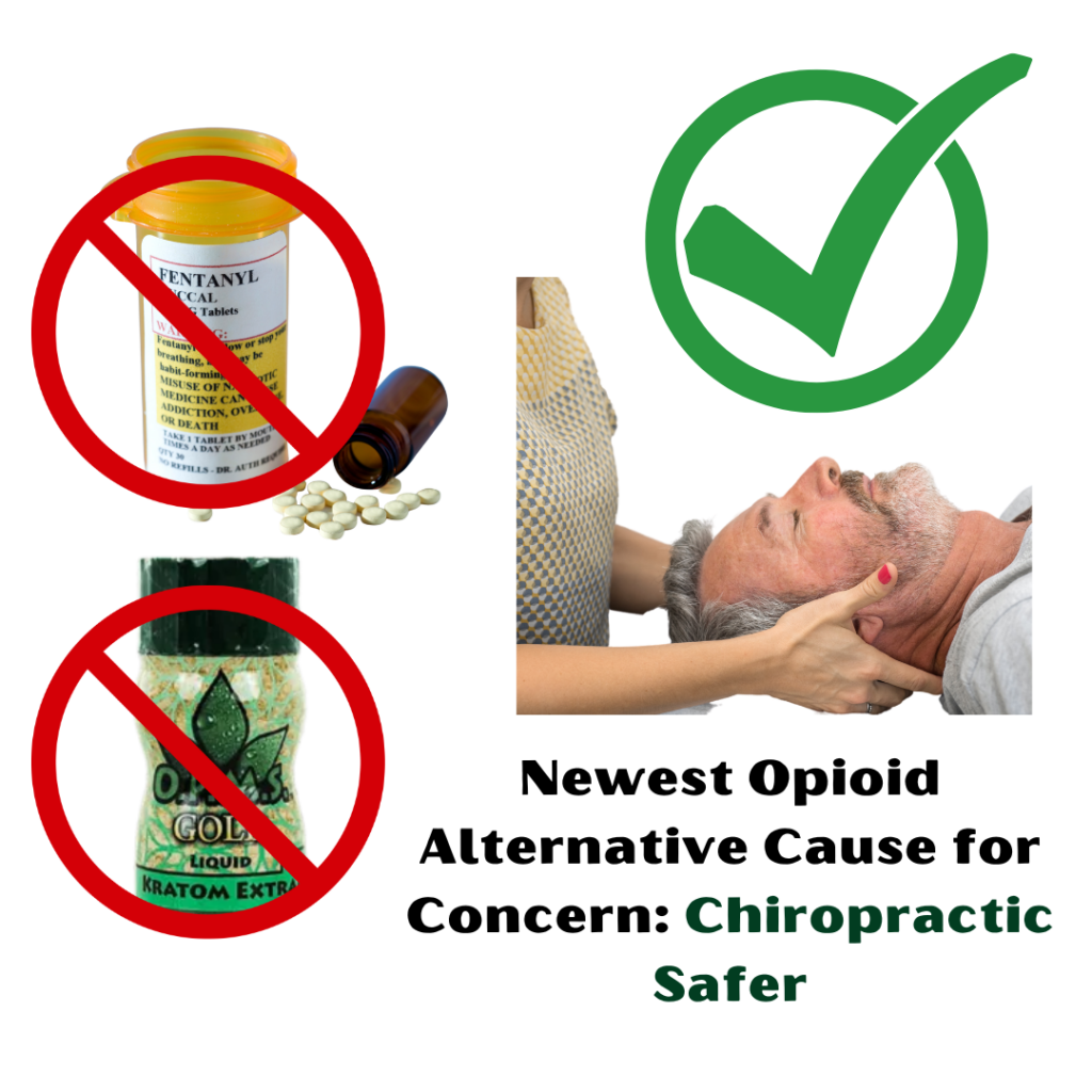 On the left side of the photo: Bottles of fentanyl and kratom are marked out with as bad with the color red. On the right side of the photo: An older gentleman is getting his neck adjusted by a chiropractor. There is a green check mark about this image. Then the title of the blog post sits at the bottom. Newest Opioid Alternative Cause for Concern: Chiropractic Safer. Chiropractic Safer is colored in a dark green.